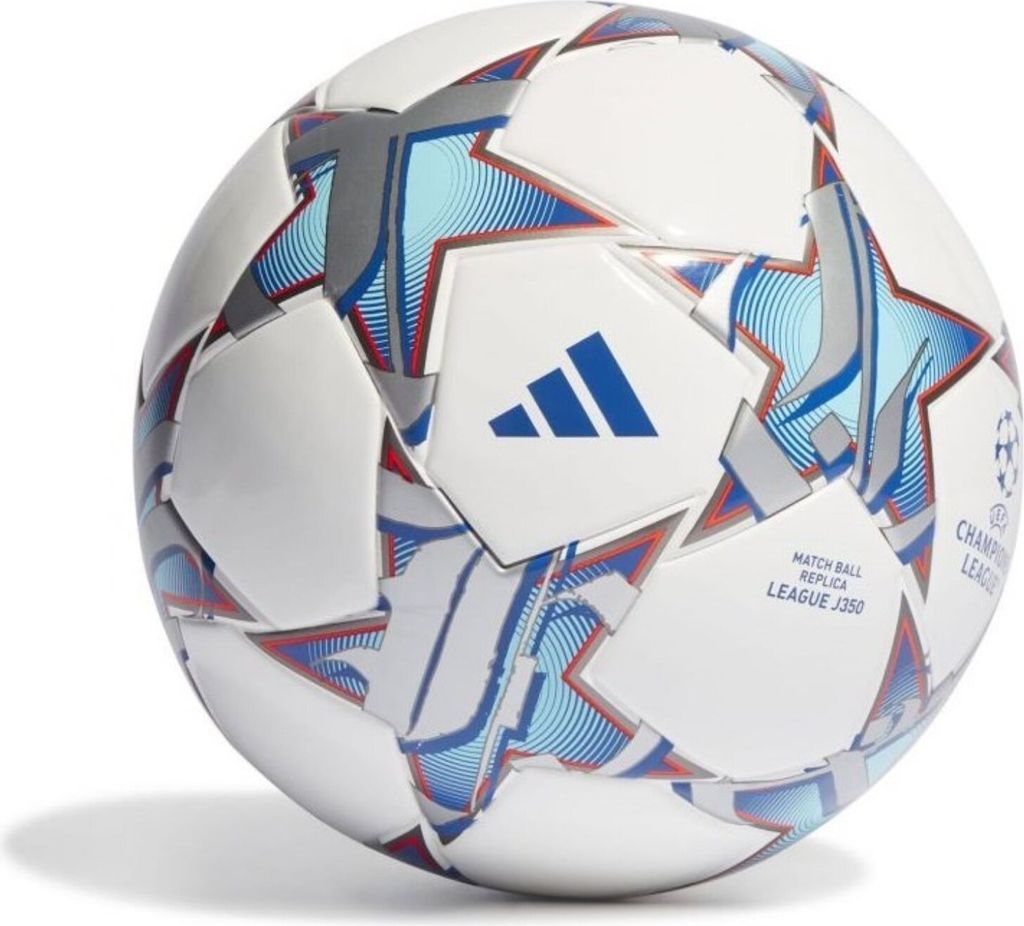 A white Adidas soccer ball with blue and red star patterns and the Adidas logo.