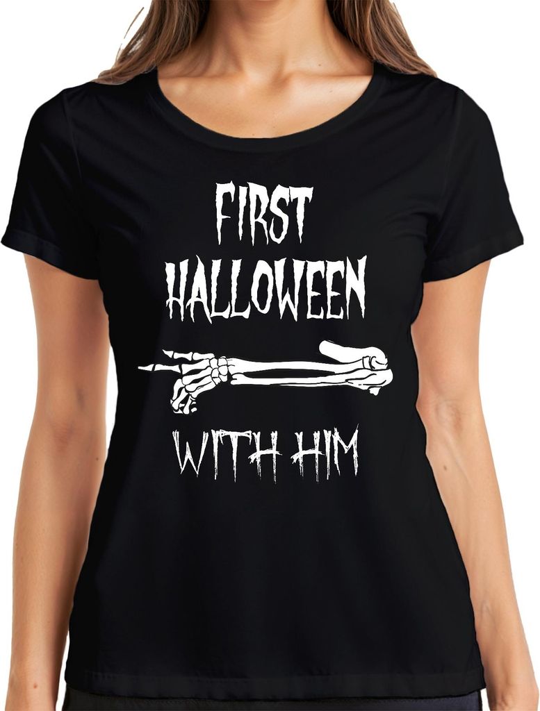 FIRST HALLOWEEN WITH HIM Erstes Baby Skelett Arm Grusel Papa Damen T-Shirt, Schwarz, 3XL