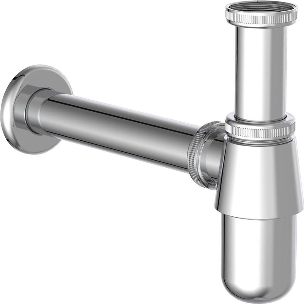 A chrome bottle trap for plumbing, shown against a white background.