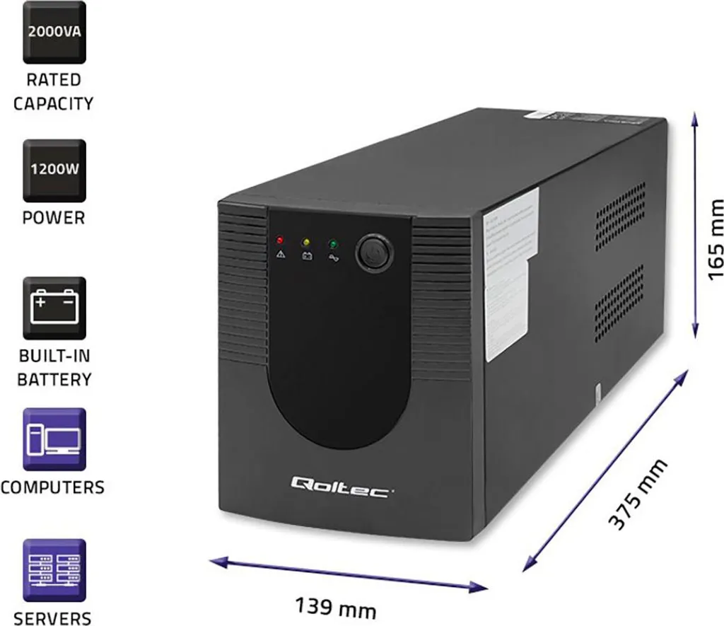 Onduleur Line-Interactive 1200W 2kVA Qoltec 53777 avec 4 Sorties Secteur