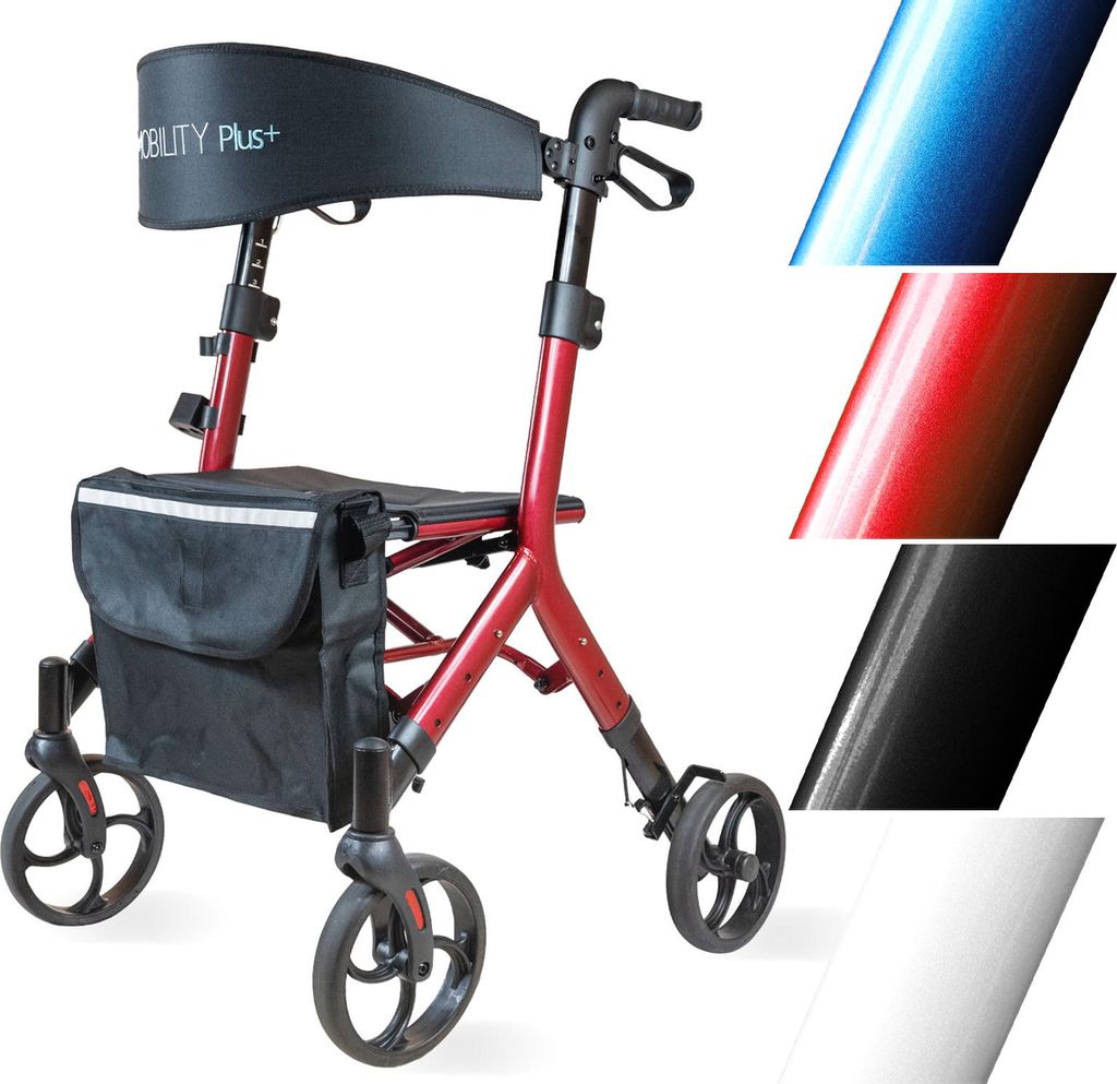 DR10+ Design-Rollator - Indoor und Outdoor Rollator - Gehwagen in trendigem Design - klappbar, Höhe einstellbar und inkl. Tasche - Rot