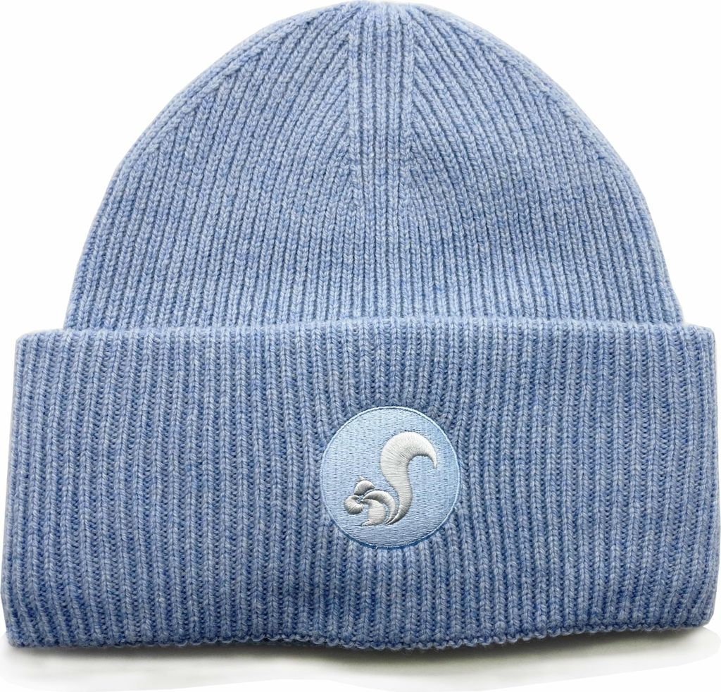 Damen Beanie aus Wolle im Rippenstrick mit Logo-Patch vorne, Blau-Fog, Einheitsgröße