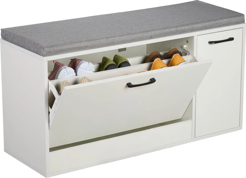 Meuble chaussures blanc avec banquette intégrée et coffre de rangement