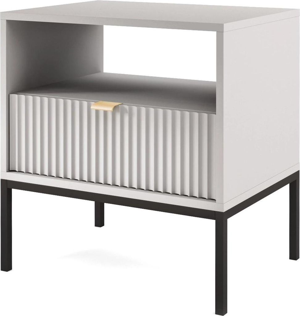 Nachttisch Kioto 54 cm Grau & Schwarz – Rillenfront, Goldener Griff, 1 Schublade, Modern