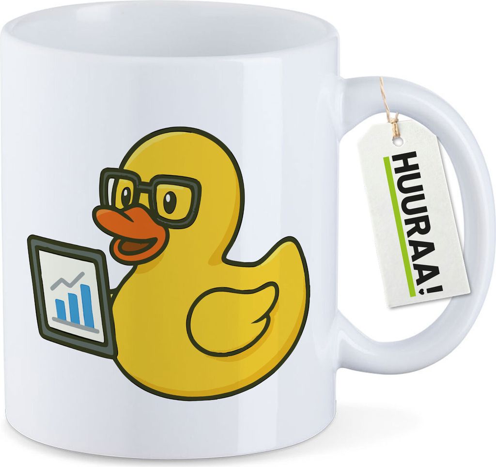 Huuraa Kaffeetasse Quietscheente Datenanalyse Comic Gummiente 330ml Weiß Keramik Kaffeebecher Geschenkidee