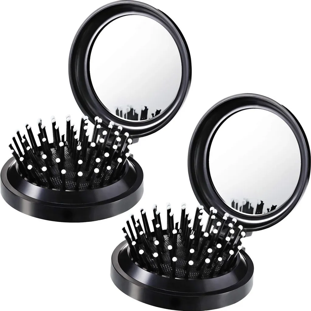 Lot de 2 brosses à cheveux pliables avec miroir et pochette de voyage