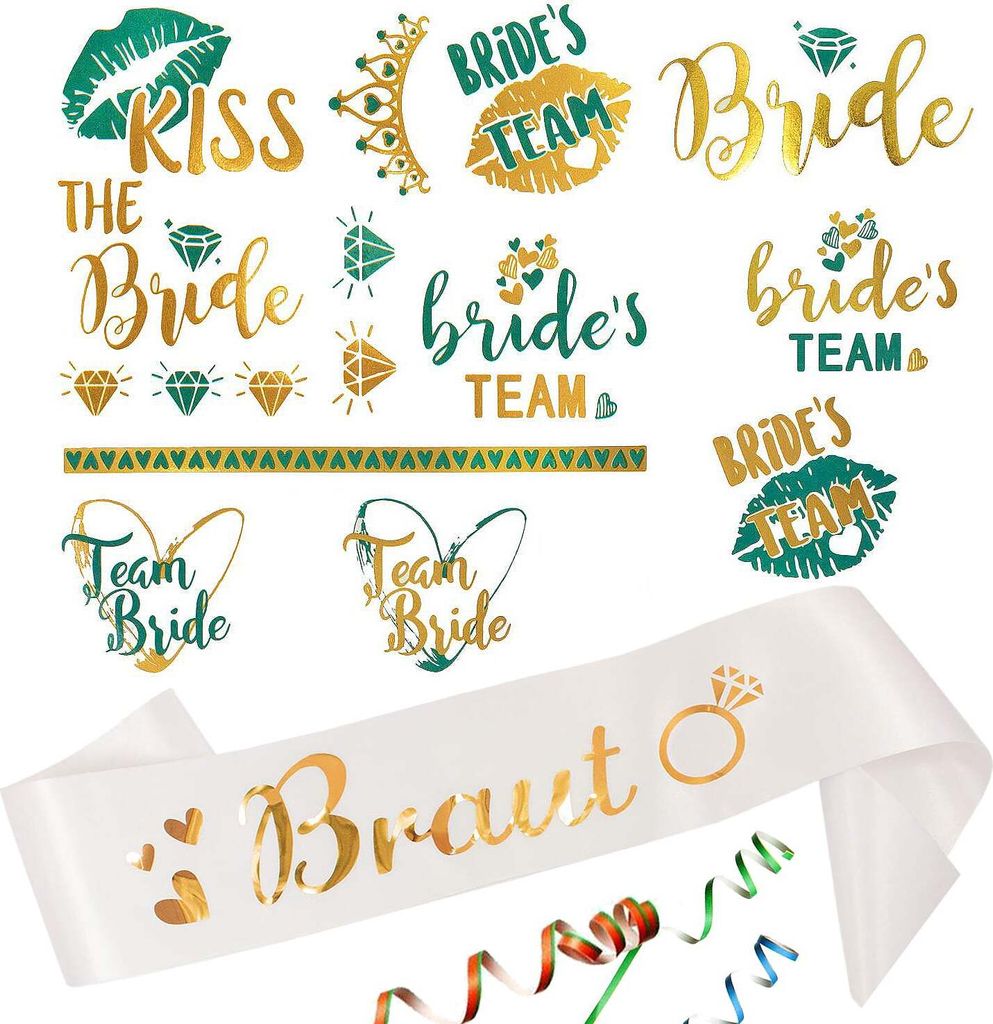 Oblique Unique JGA Hochzeit Accessoire Set - Braut Schärpe + Bride - Team Bride Tattoos weiß gold