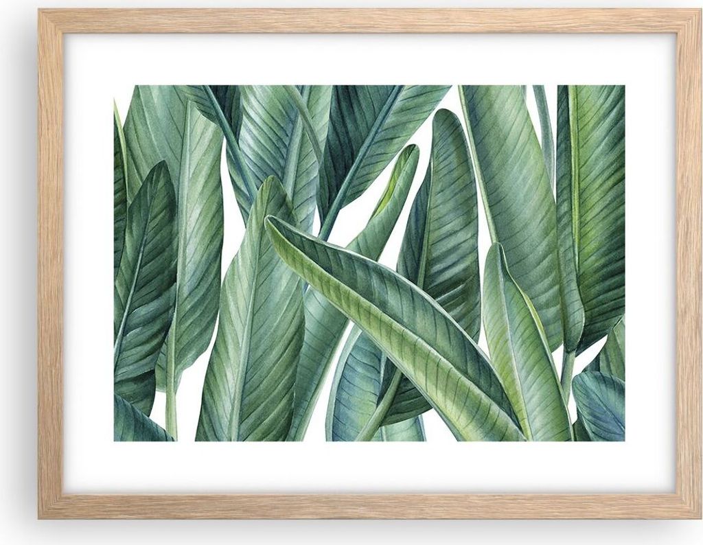 Gerahmtes Poster - Rahmen in heller Eiche - Exotisch Blätter Grün - 40x30 cm - Wand Bild - Wanddeko - Wandbilder - Wandposter - Bilderrahmen - Bi...