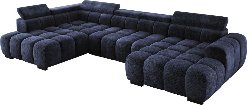 DomoHome Modern Großes U‐Förmiges Ecksofa Stoff EDEN Blau Linke Seite 393×205×97 cm – Verstellbare Kopfstützen, Schlaf‐Optional, Minimal...