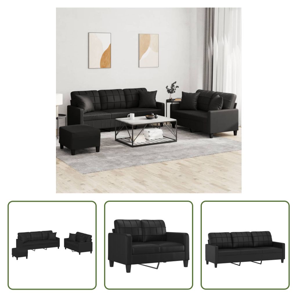 The Living Store 3-tlg. Sofagarnitur mit Kissen Schwarz Kunstleder
