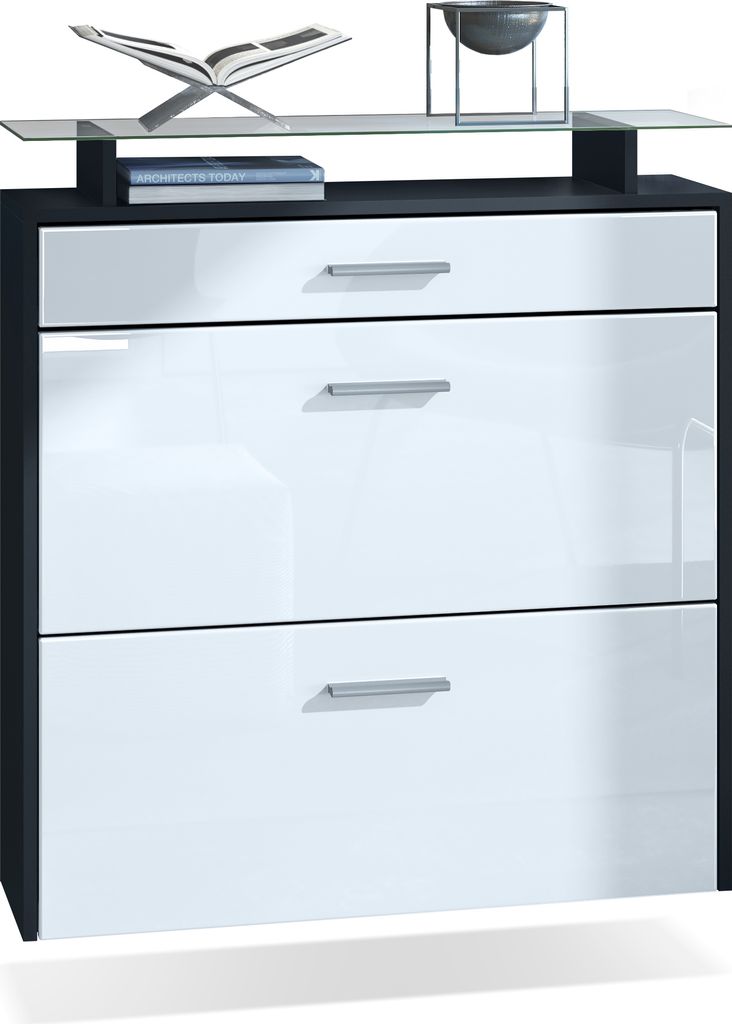 Vladon Schuhschrank Malea, hängender Schuhkipper für 16 Paar Schuhe mit 2 Klappen und 1 Schublade und Glasablage, Schwarz matt/Weiß Hochglanz (8...