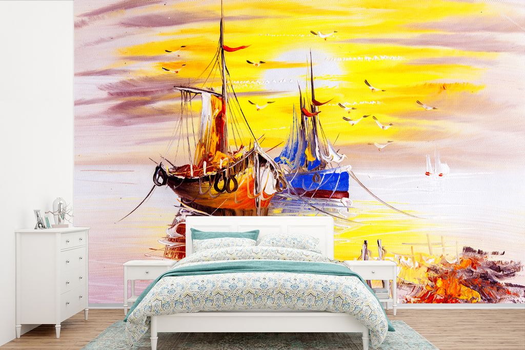 MuchoWow Fototapete für Wohnzimmer oder Schlafzimmer Wandtapete Vinyl Motivtapete Malerei - Boot - Wasser - Ölfarbe - 600x400 cm - Vinyltapeten