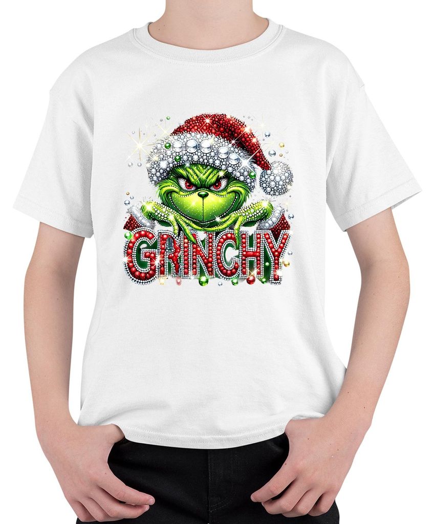 Grinchy Weihnachten Glitzer Strass Santa frech lustig Geschenk Uni Kinder T-Shirt, Weiß, 116