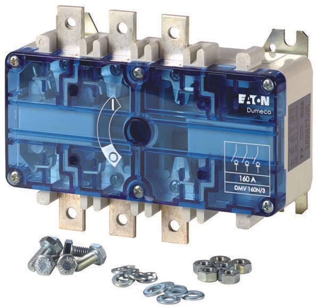 Lasttrennschalter, DMV, 160 A, 3-polig, Stopp-Funktion optional, ohne Drehgriffe und Antriebswelle, Schraubklemme, Bohrung 6,5 mm 1814178 EATON