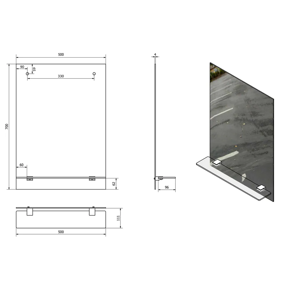 Miroir rectangulaire 50x70cm, tablette intégrée et support mural facile