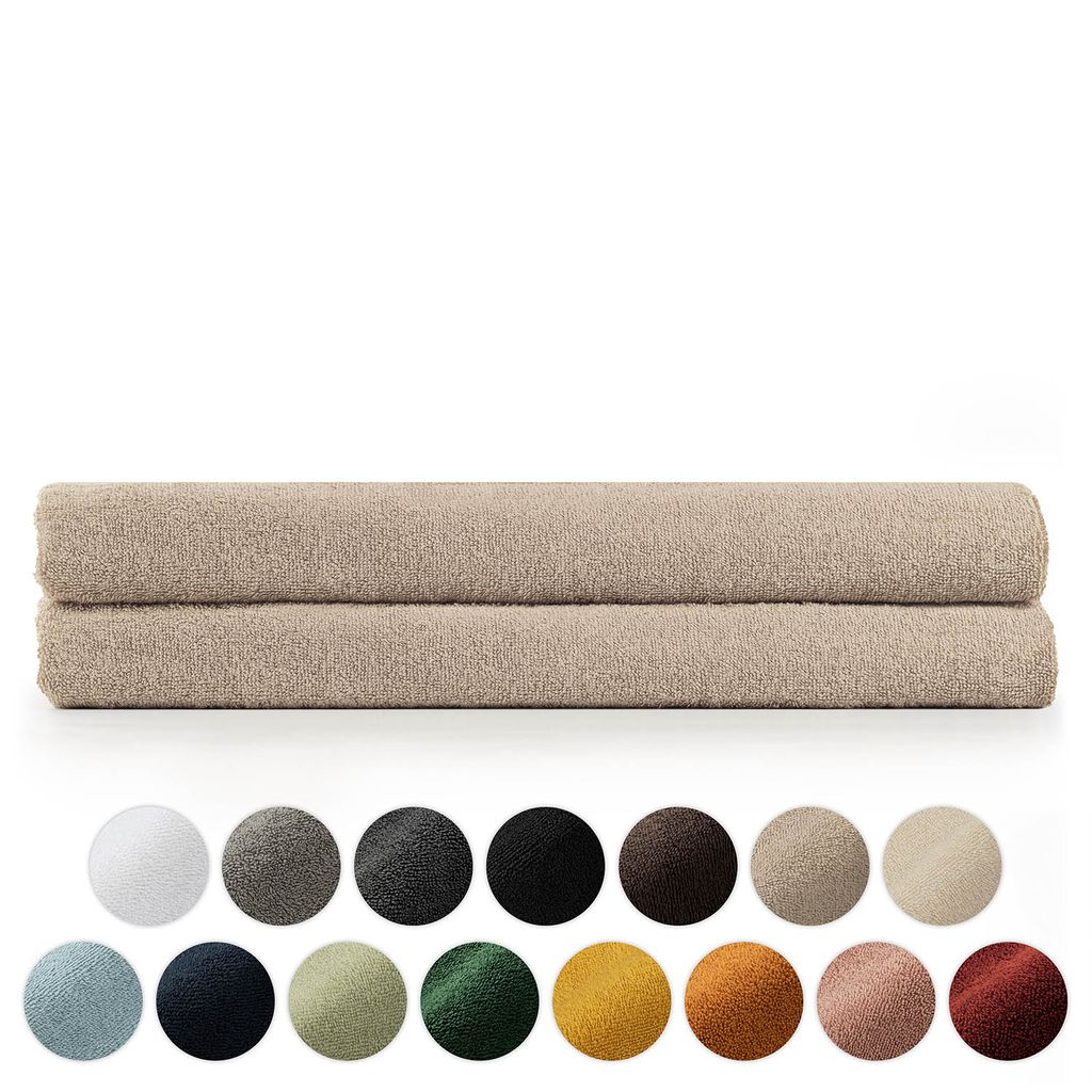 Two folded taupe towels are displayed horizontally, with a row of colored circles below them, representing color options.