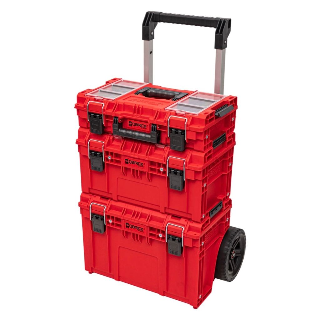 A red modular toolbox system with wheels and a retractable handle, stacked on a white background.