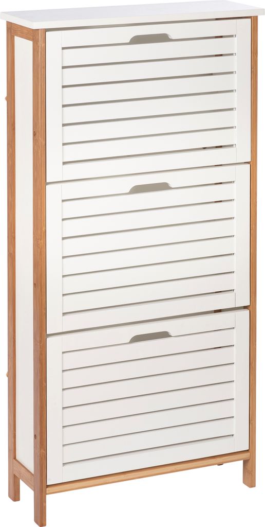 A white and brown shoe cabinet with three slatted doors.