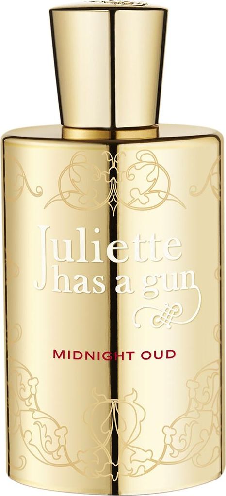 A gold perfume bottle with ornate detailing and the brand name "Juliette has a gun" and "MIDNIGHT OUD" printed on it.