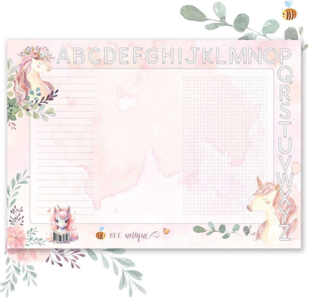 DIN A3 Schreibtischunterlage für Mädchen - Süßes Einhorn Design, dickes 90g/m² Papier, mit ABC Leiste zum Ausmalen - Perfekt zur Einschulung |...