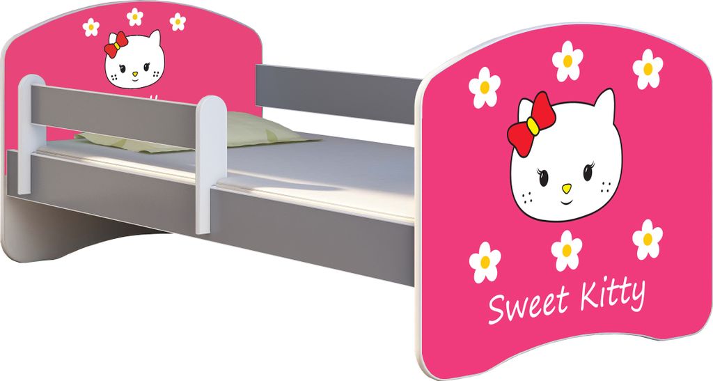 ACMA Jugendbett Kinderbett Junior-Bett Komplett-Set mit Matratze Lattenrost und Rausfallschutz Grau 16 Sweet Kitty 2 160x80