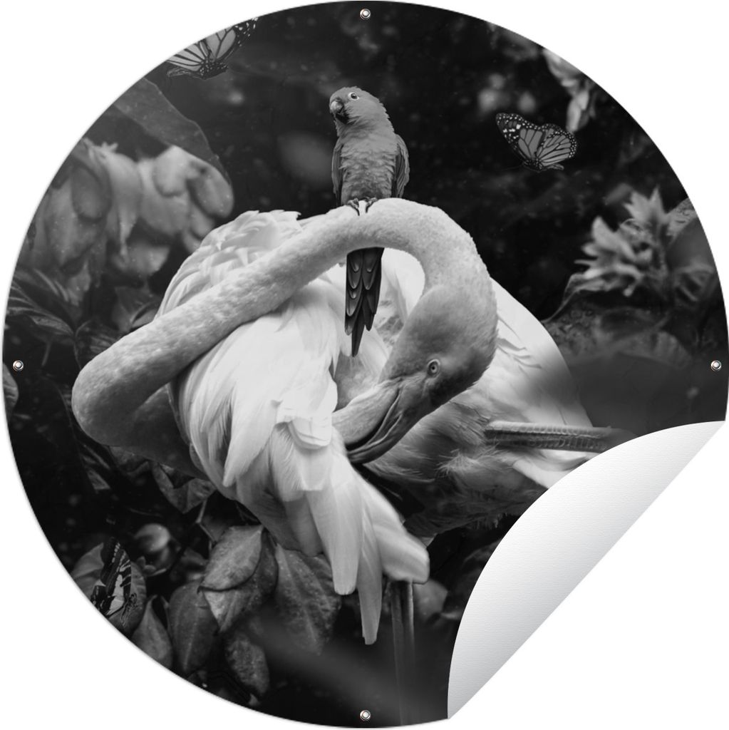 MuchoWow Gartenposter Outdoor-Poster Rund Flamingo - Schmetterlinge - Dschungel - Schwarz - Weiß Ø 150 cm Gartendeko Rundes Poster draußen