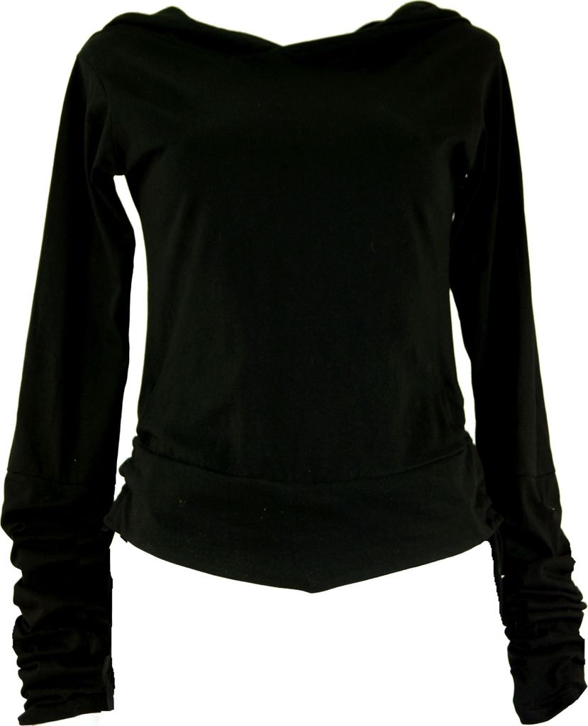 Goa Psytrance Shirt, Kapuzen Hoody, Elfen Hoody, Langarmshirt - Schwarz, Damen, Elasthan,Baumwolle, Größe: S/M