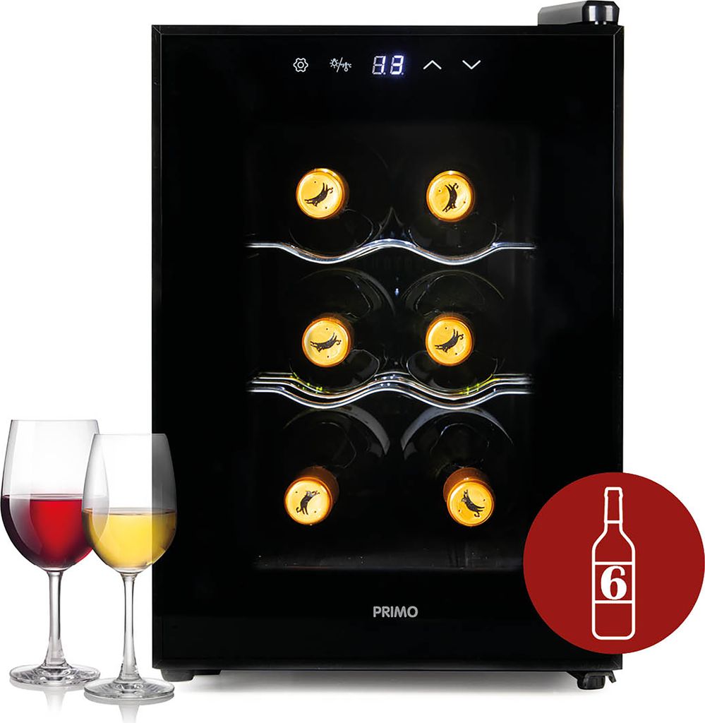 PRIMO PR168WK Weinkühlschrank - Weinkühler 6 Flaschen - E - Schwarz