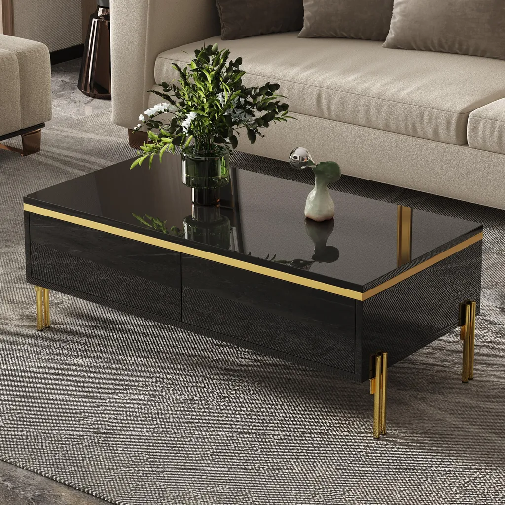 Tavolino Merax Nero Lucido con Decori Oro - Arredo Salotto con Cassetti