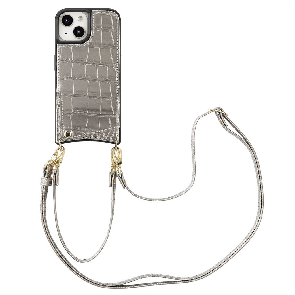 Selencia Nova Croco HandyHülle mit Kordel und Kartenhalter iPhone 15 - Silber