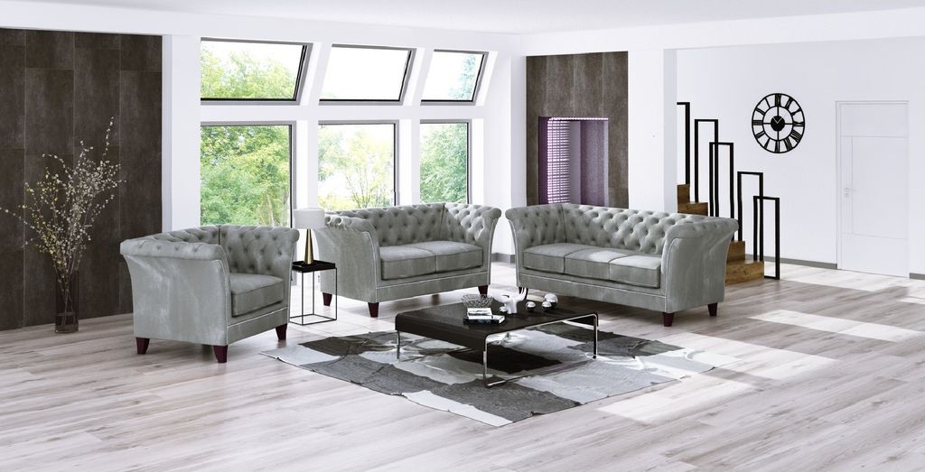 S-STYLE MÖBEL - Zephyr - Chesterfield Polstergarnitur 3+2+1 aus Grau Samt-Stoff, B/T/H: 3er - 237 cm/ 82 cm/ 75 cm