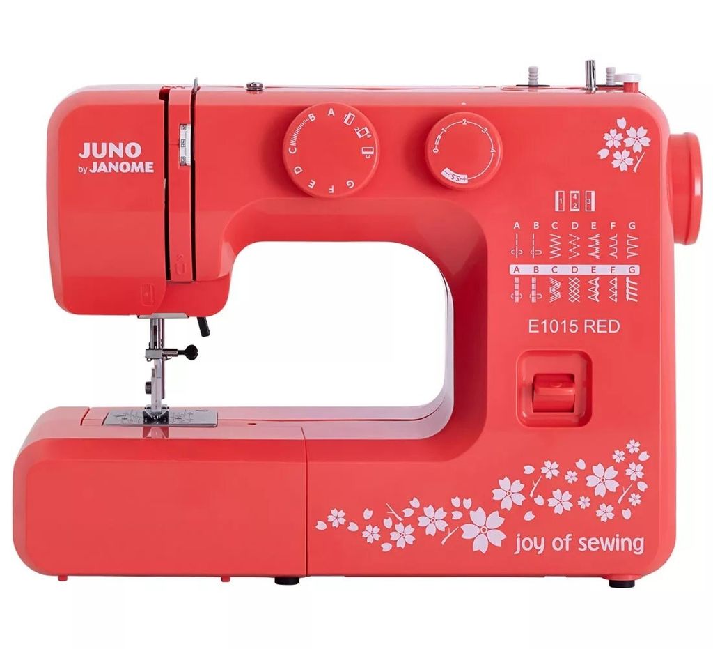 A red sewing machine is shown from a front-side diagonal view against a white background.