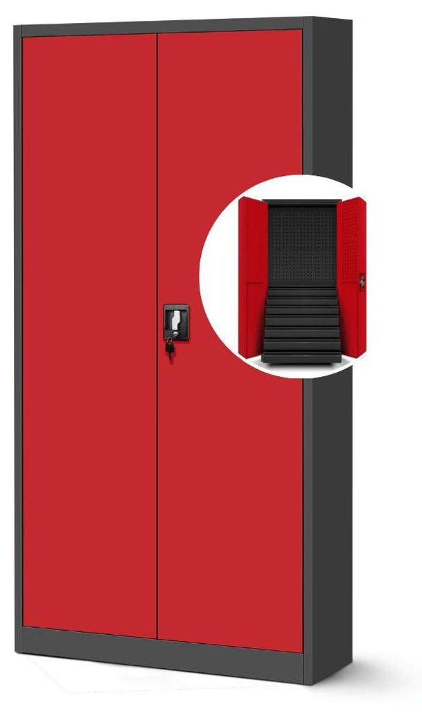 Werkzeugschrank mit Schubladen DAREK inkl. Lochwand | Metallschrank mit Werkzeugwand Werkstattschrank Perforierte Rückwand 185x92x50cm Anthrazit-Rot