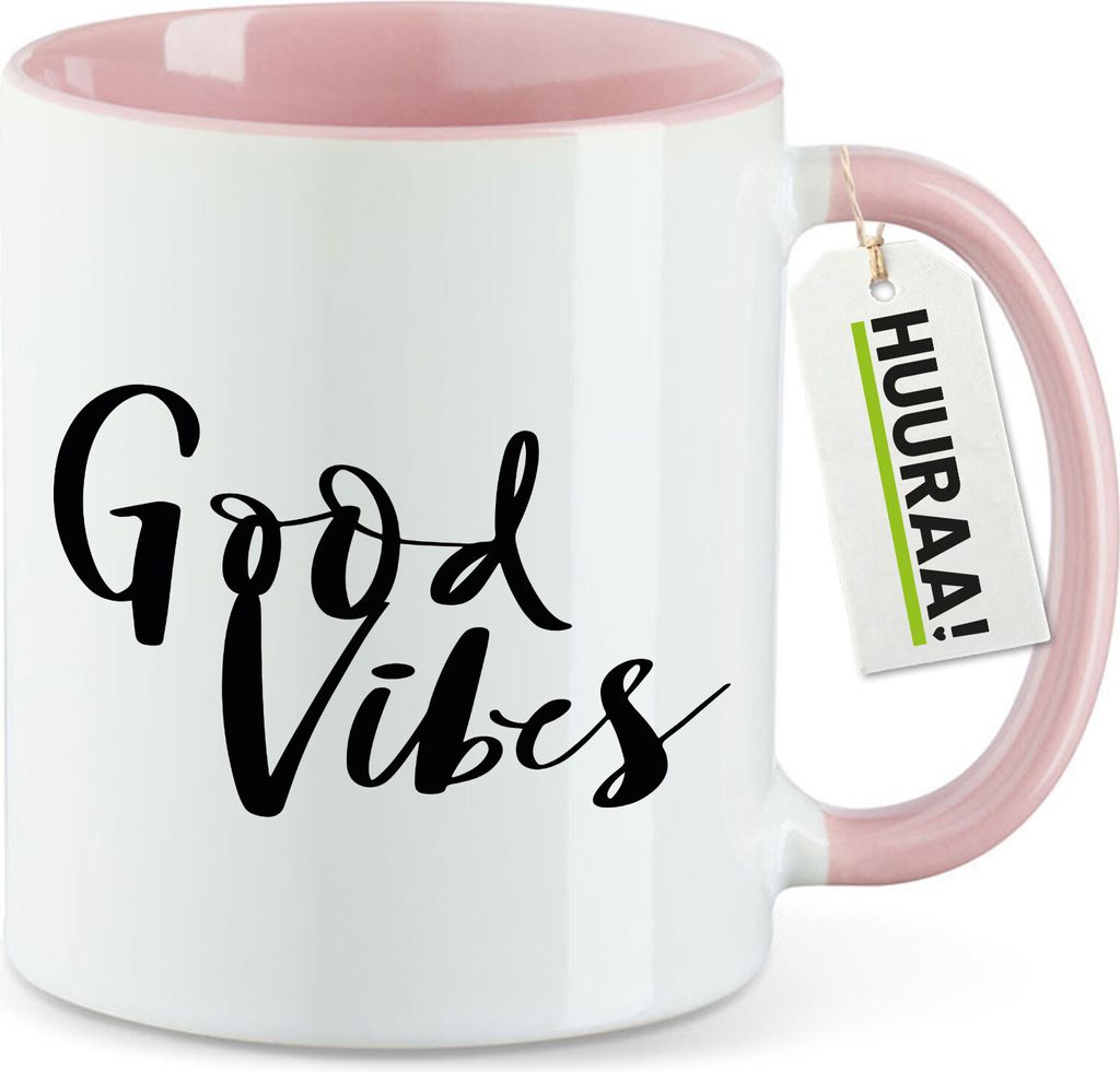 Huuraa Kaffeetasse Good Vibes Schriftzug 330ml Rosa Keramik Kaffeebecher Geschenkidee