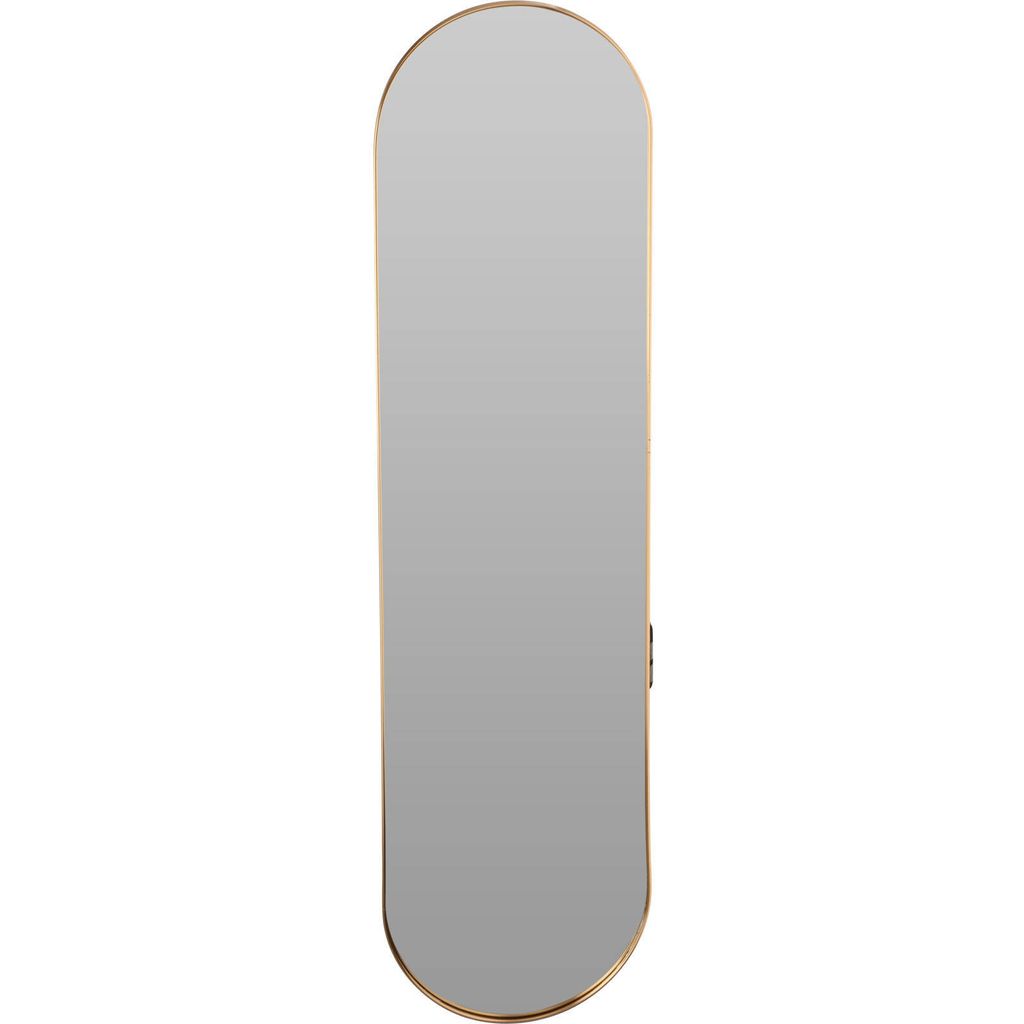 A full-length oval mirror with a gold frame, presented against a white background.