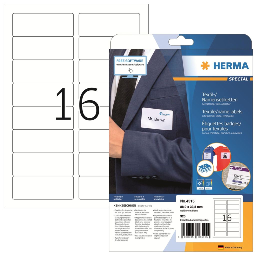 HERMA 4515 Namensetiketten ablösbar, 20 Blatt, 88,9 x 33,8 Produktbild 