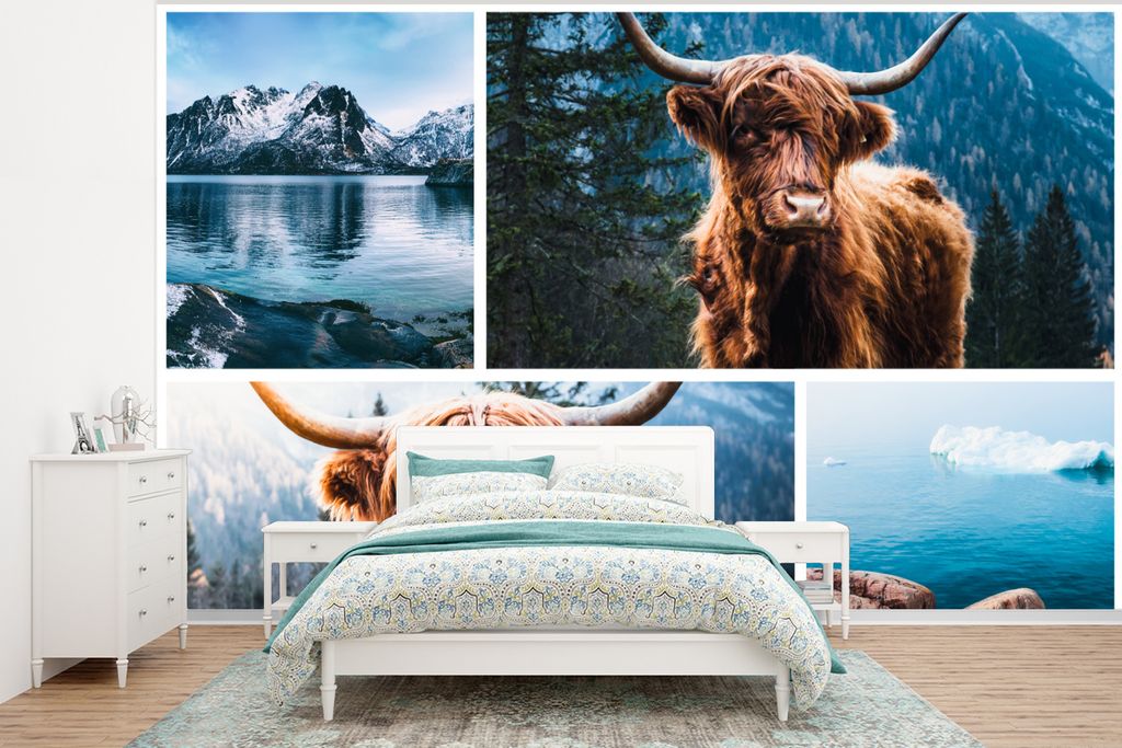 MuchoWow Fototapete für Wohnzimmer oder Schlafzimmer Wandtapete Vinyl Motivtapete Schottischer Highlander - Collage - Berg - 295x220 cm - Wand T...
