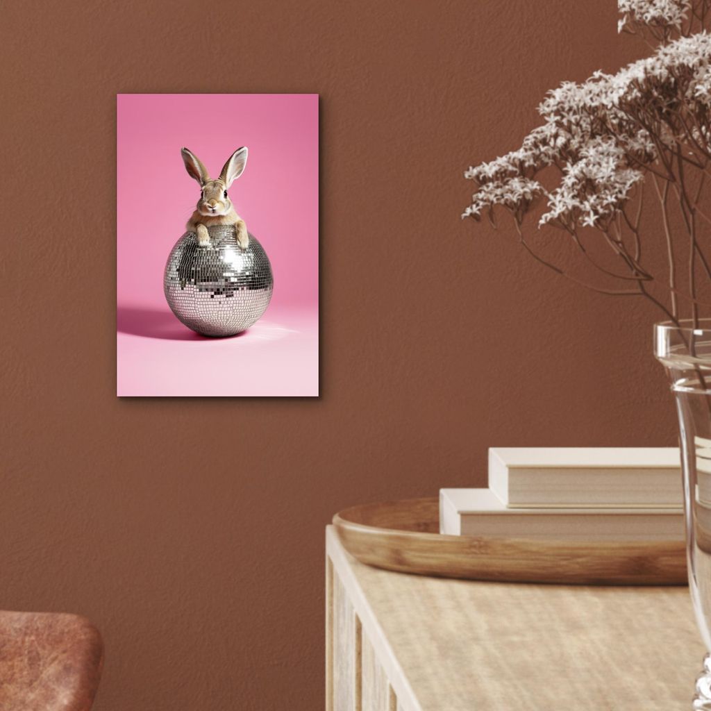 MuchoWow Wanddekoration Metall Metallbild Wandkunst 20x30 cm Hase - Schleife -Diskokugel MuchoWow Aluminium Gemälde - Alu Dibond Bild