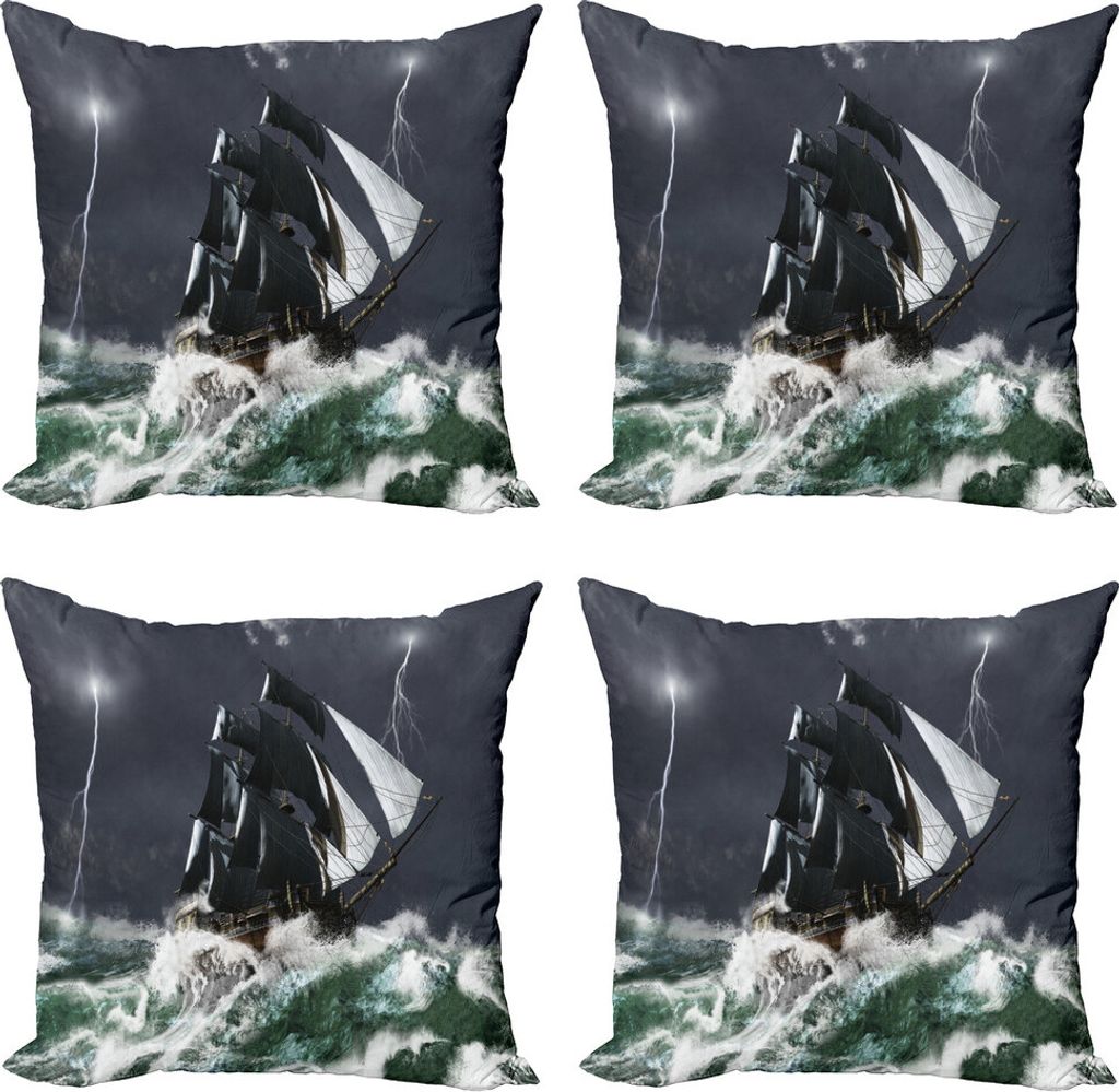 ABAKUHAUS Nautisch Kissenbezug Set (4 Stück), Sturm Schiff auf gewellten Ozean, Moderner Doppelseitiger Digitaldruck, 60 cm x 60 cm, Grün und Grau