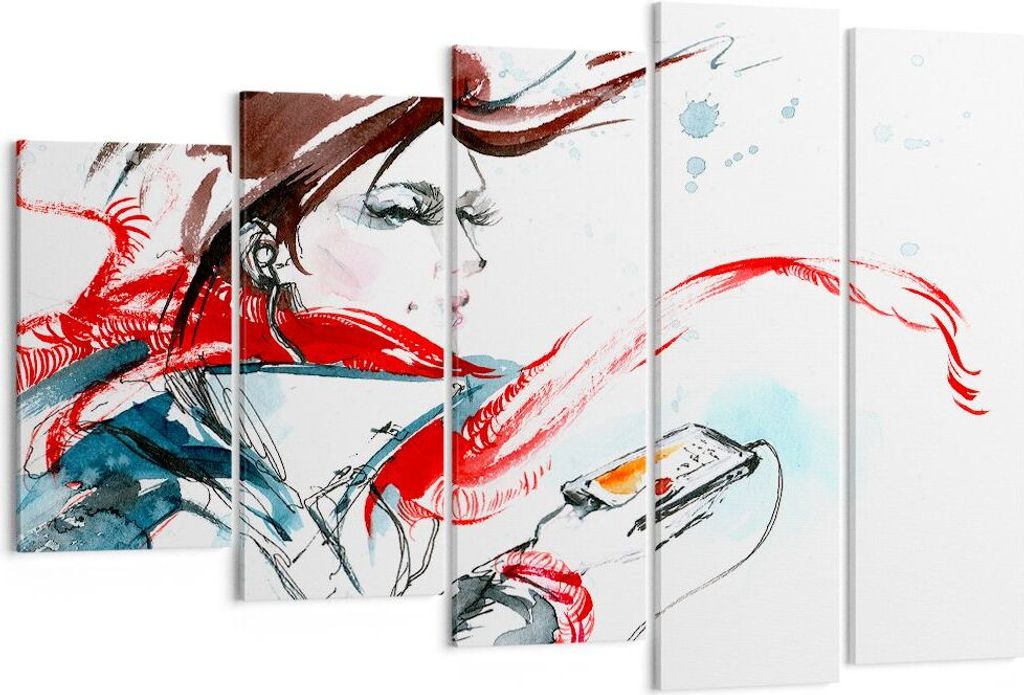 Bild auf Leinwand - Leinwandbild - Frau Schal Telefon Illustration - 150x100cm - Wand Bild - Wanddeko - Leinwanddruck - Bilder - Kunstdruck - Leinw...