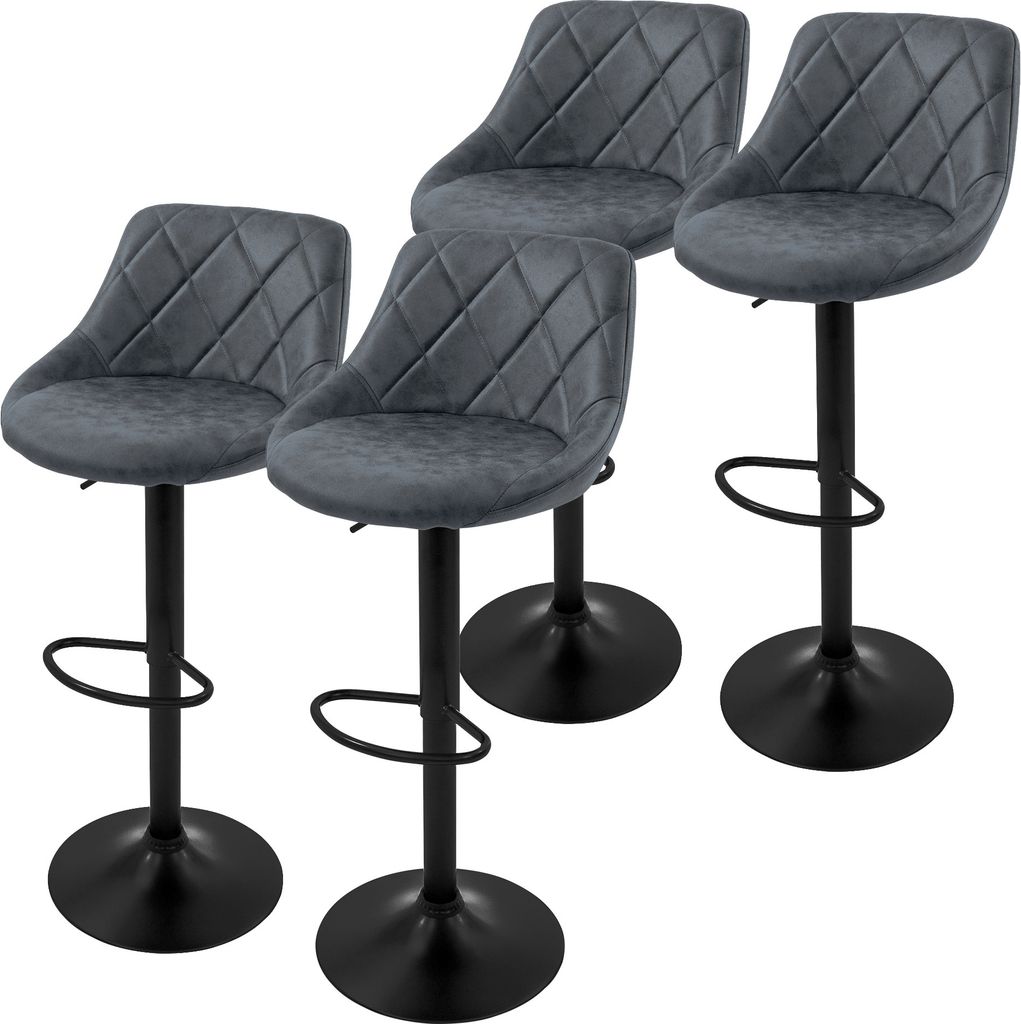 Four gray bar stools with black bases are arranged in a staggered formation against a white background.