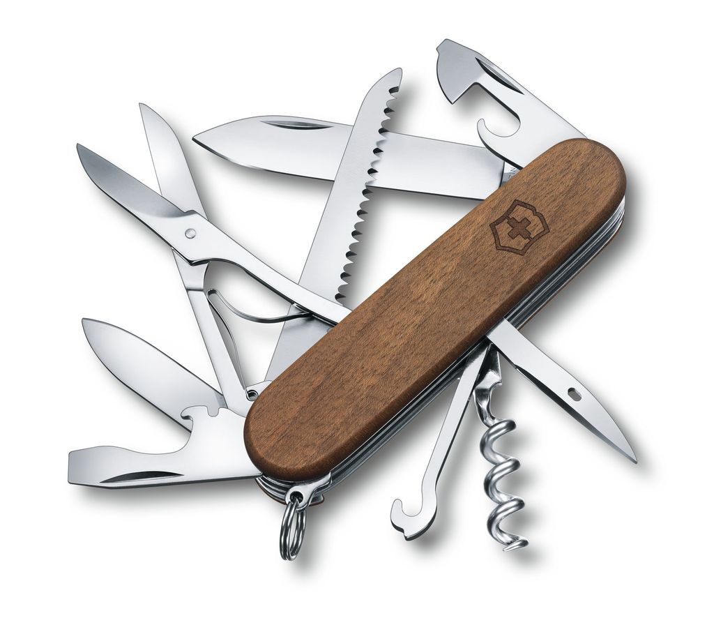 A multi-tool knife with its various implements extended, set against a white background.