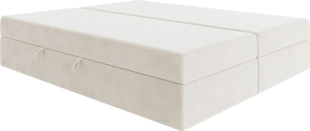 Moebelpaket Bett 160x200 mit Bettkasten, Boxspringbett mit Pocket-Matratze, Eleganter Riviera-Stoff - Hellbeige - Kollektion Luxor