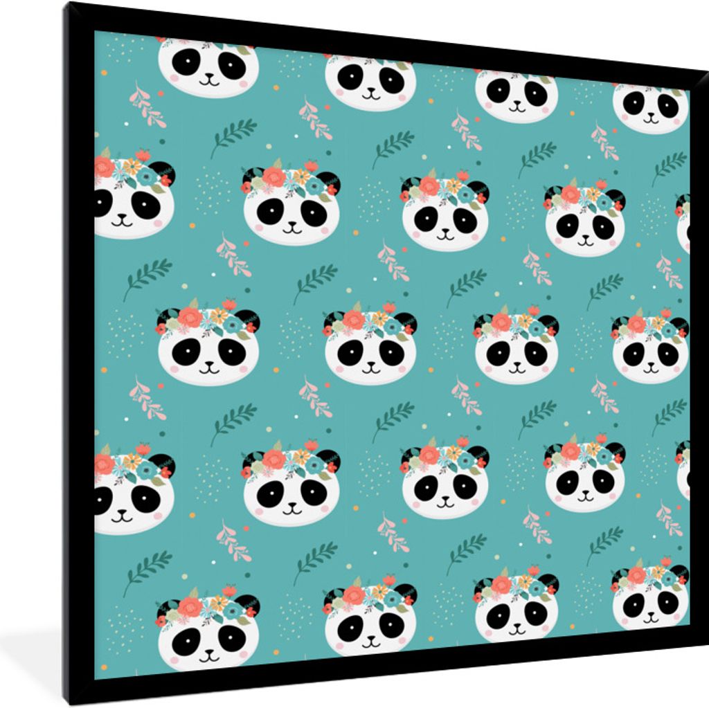 MuchoWow Gerahmtes Poster Panda - Tiere - Blumen - Design 40x40 cm - Poster mit Schwarzem Bilderrahmen Wandposter Rahmen Foto Bilder - Mit Rahmen...