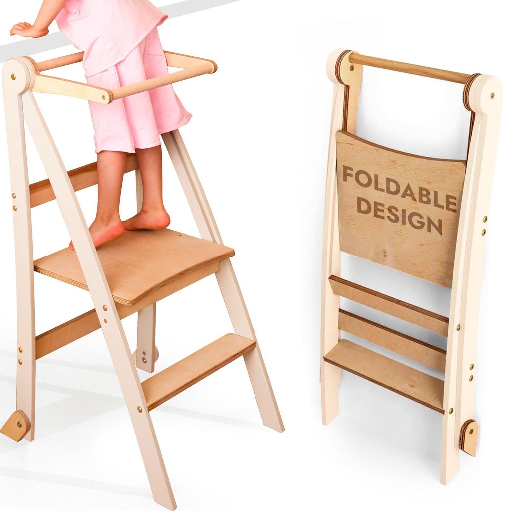 Holz Lernleiter Montessori platzsparend: Klappbare Lernleiter, Hocker für Kinder, Faltbare Kindertreppe, Lernleiter mit Kippschutz