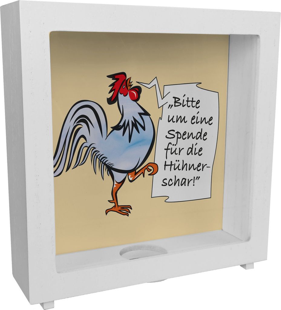 Rahmen Spardose aus Holz mit Hahn Motiv in blau zum Thema Trinkgeld und