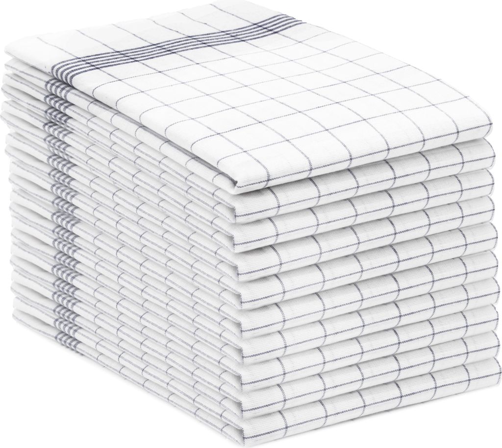 A stack of folded kitchen towels with a gray checkered pattern.