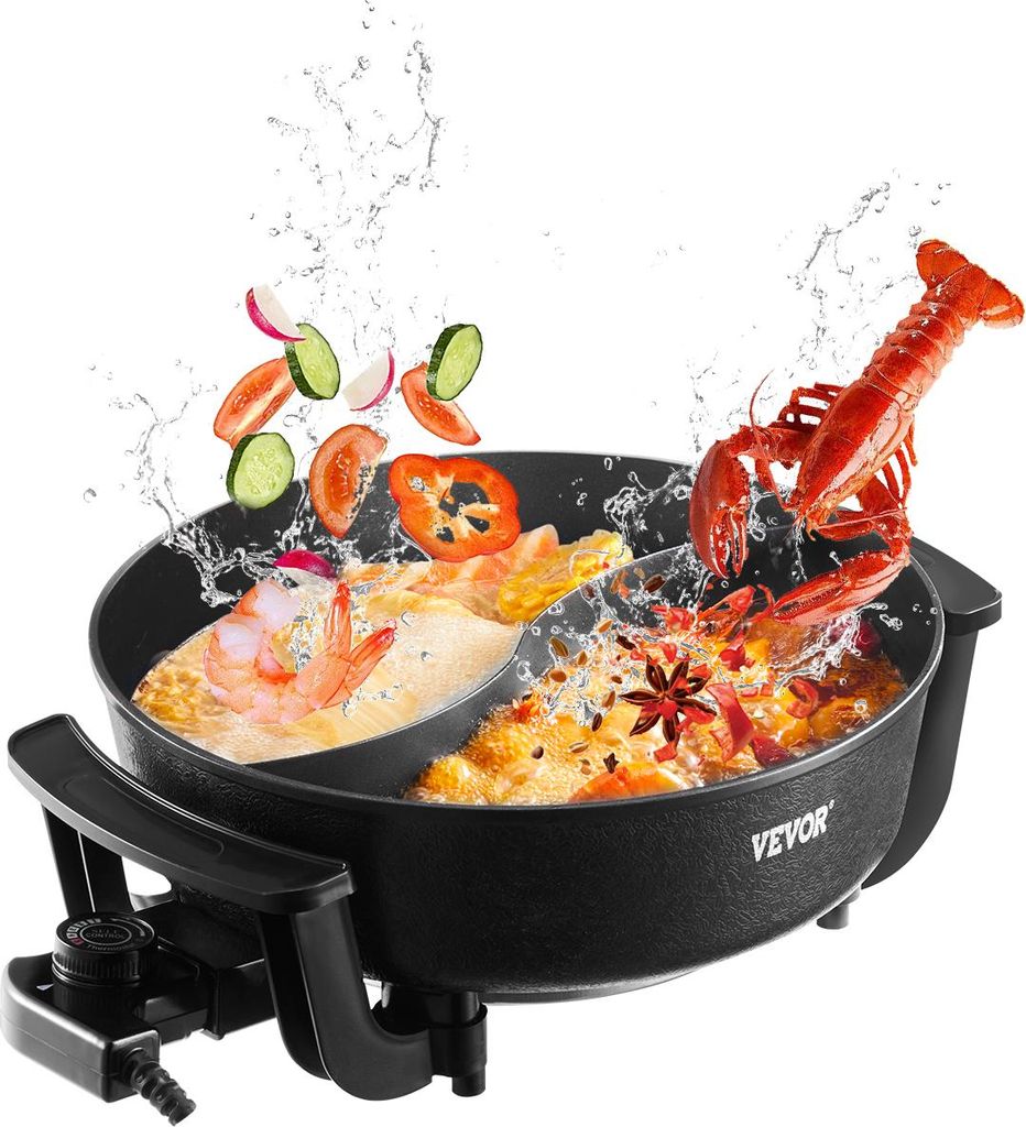 VEVOR elektrischer Hot Pot 1360 W 5 L Shabu-Shabu-Topf mit zwei Geschmacksrichtungen, antihaftbeschichteter Elektroherd mit Trennwand, Klarglasdeck...
