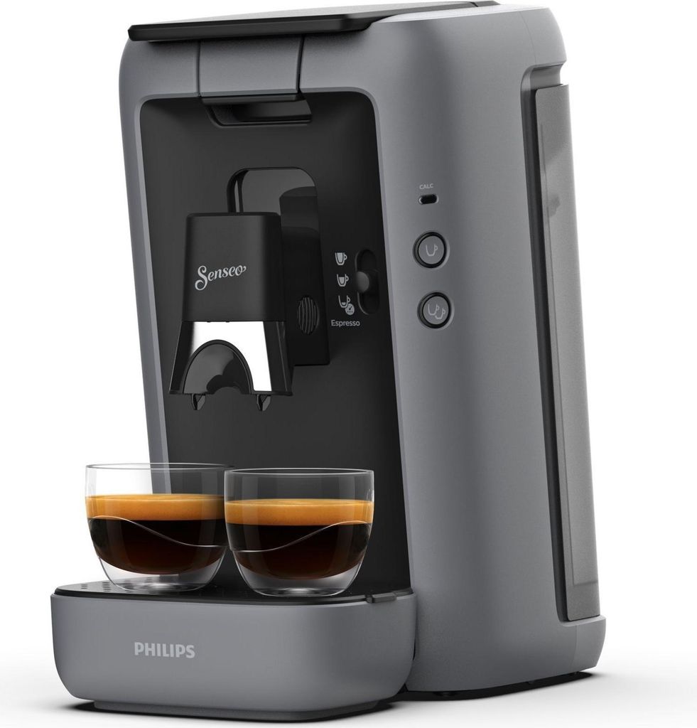 A Philips Senseo coffee machine with two cups of espresso.