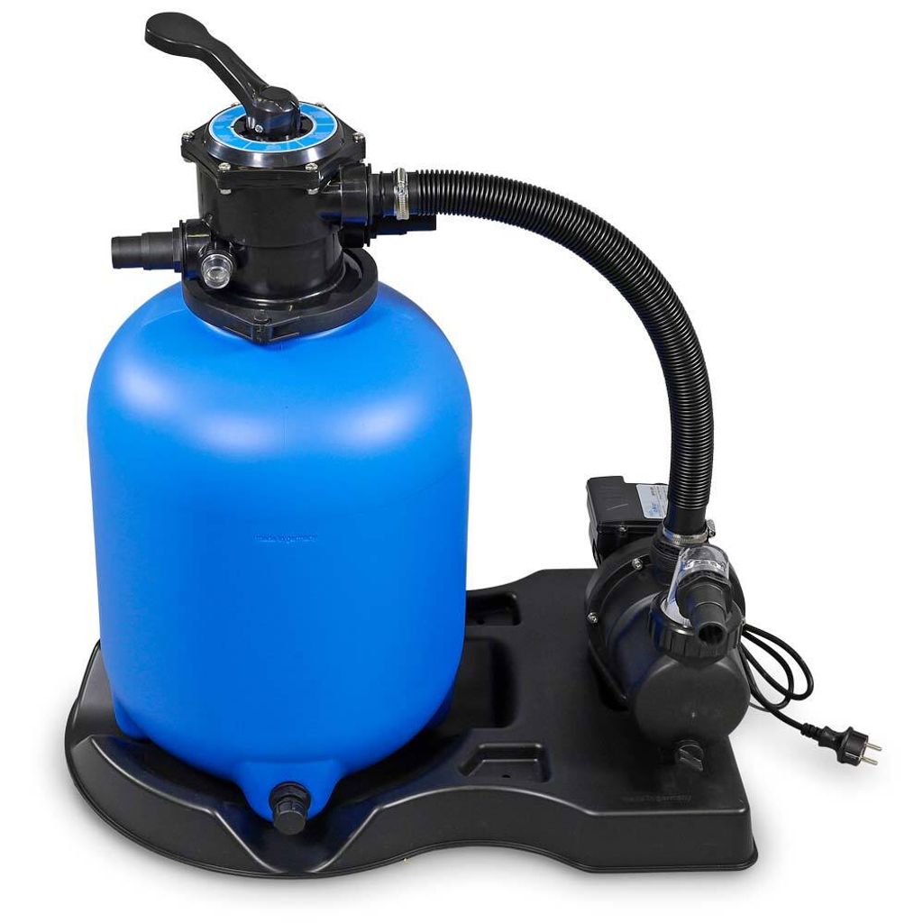 A blue sand filter system with a black pump and hose, mounted on a black base.